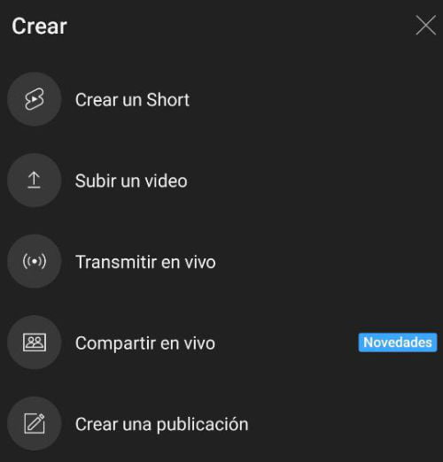 crear youtube short subir video menu Cómo subir videos Shorts a YouTube de forma fácil